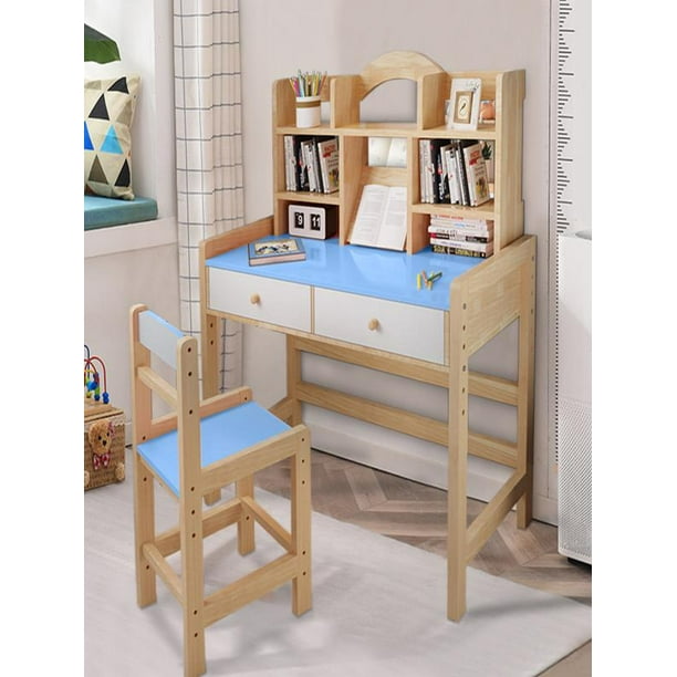 U.S. Shipping Wooden Kids Bedroom Furniture Wooden Student Desk and Chair Set with Drawers and Bookshelves Adjustable Height Table and Chair Set Students Study Computer Workstation